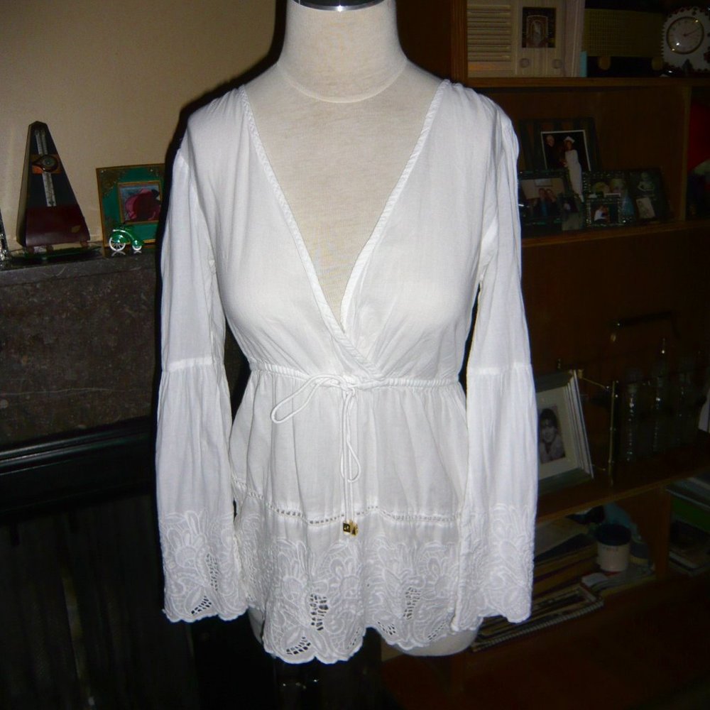 MICHAEL KORS white bell sleeve cotton peasant tie top